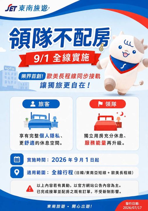 ▲領隊不配房，「獨旅」更自在。　圖：東南旅遊／提供
