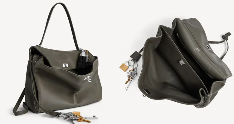 Balenciaga最擅長的「玩味叛逆」,在這款大號「Rodeo」包包裡顯露無疑,採用帶有微舊質感的深綠色滑面小牛皮,故意不扣上的鬆弛包蓋設計,加上包身點綴的趣味吊飾,把高奢工藝與街頭反叛完美結合,大容量卻輕盈、頹廢得無比迷人。(商品價格約:NTD 259,000)