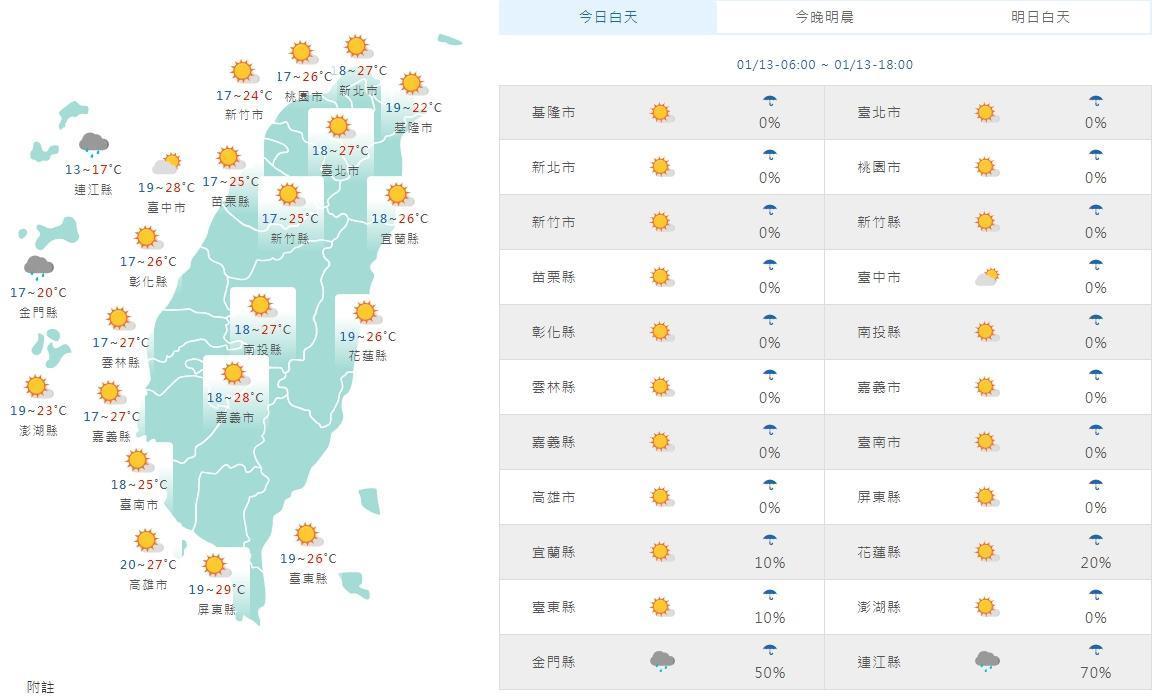 全台各地今日白天天氣狀況一覽。（中央氣象局提供）