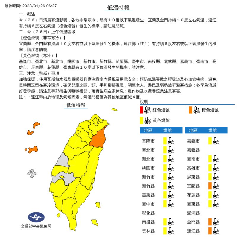 ▲氣象局發布低溫特報。（圖／中央氣象局）