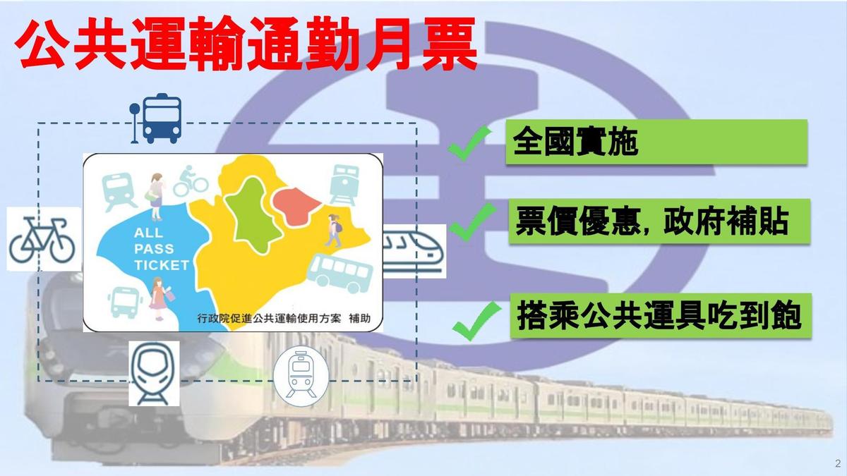 交通部規劃之「促進公共運輸方案」，北北基桃、中彰投苗、南高屏將推交通月票。（行政院提供）