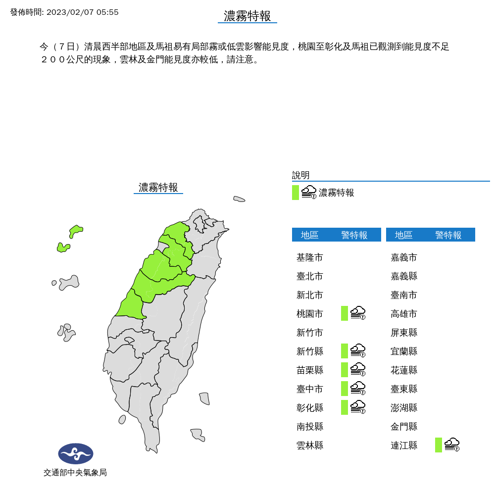 氣象局清晨針對6縣市發布「濃霧特報」，提醒能見度不足200公尺。（中央氣象局提供）