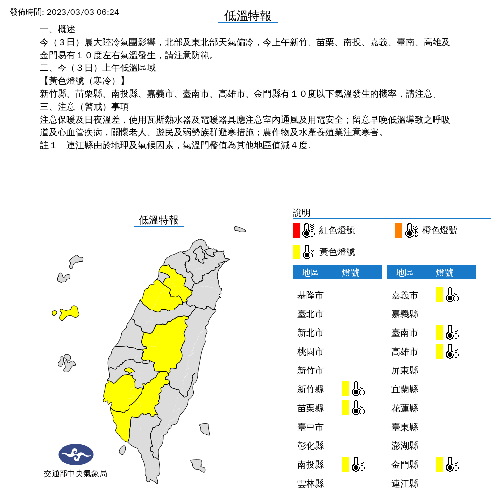 氣象局清晨針對7縣市發布「低溫特報」，提醒這些地區易有10度以下氣溫發生的機率。，（中央氣象局提供）