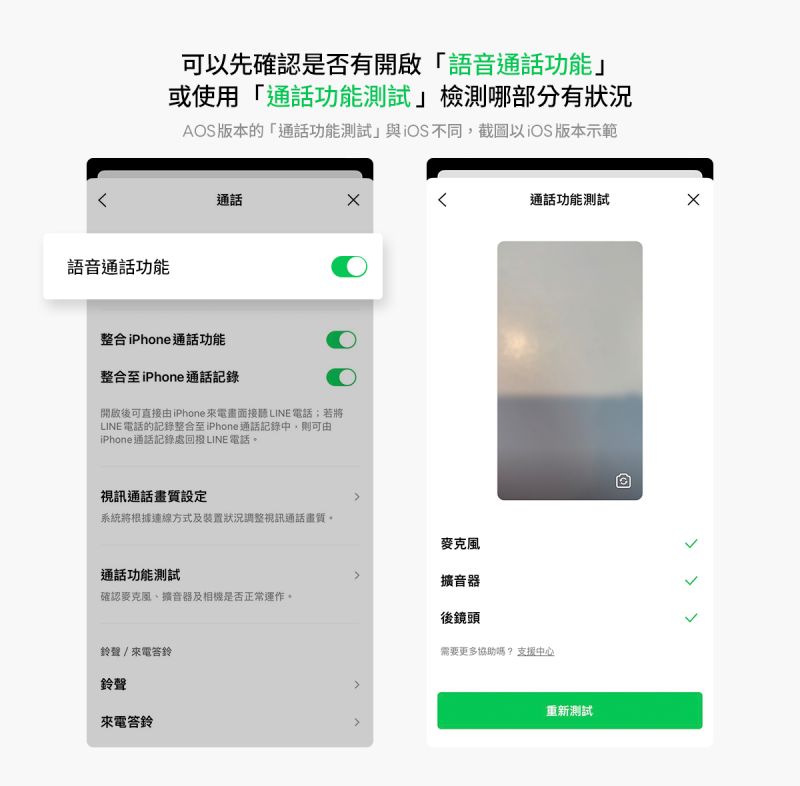 ▲可以藉由這個「通話功能測試」，透過系統檢查麥克風、擴音器，或是鏡頭是否出了問題。(圖／翻攝LINE 官方Blog)