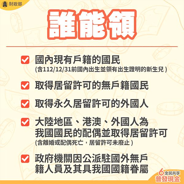 ▲只要符合圖中任一身分的人，都可以領6000元。（圖／財政部提供）