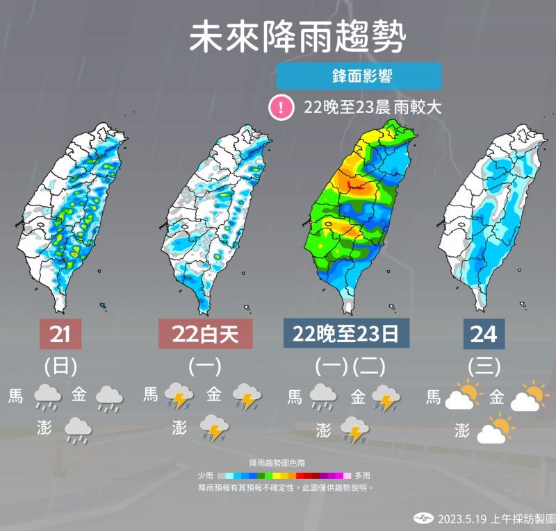 ▲氣象局公布週末各地降雨趨勢預報，下週一晚間仍有另一波劇烈雨勢發生機率。（圖／中央氣象局提供）