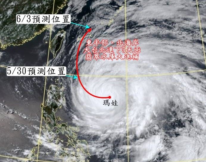 ▲週二至週六（5月30日至6月3日）瑪娃將從台灣東部海面緩緩北上，翡翠和石門水庫有望大進補。（圖／「觀氣象看天氣」臉書）