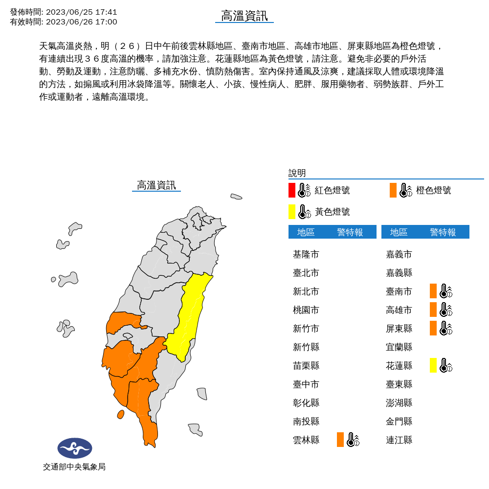 5縣市亮起高溫警示燈號，有出現36度高溫的機率。（中央氣象局提供）