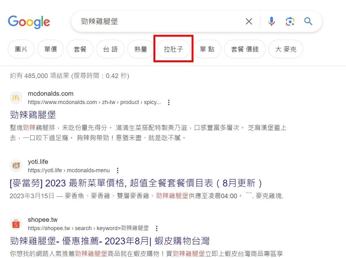 搜尋「勁辣雞腿堡」可以看到底下的關鍵字出現「拉肚子」