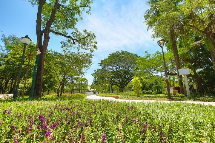 ▲金獅湖風景區親子花園，不同的觀葉及開花植物搭配地景進行栽植層次變化，豐富整體空間層次色彩。　圖：高雄市政府觀光局／提供