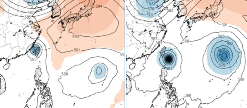 ▲該熱帶系統恐在海面滯留打轉5天後撲向台灣；下週三歐洲模擬已掃過台灣並進入台灣海峽（左圖），美國模擬速度稍慢、但也在台灣門口（右圖）。（圖／「三立準氣象．老大洩天機」）