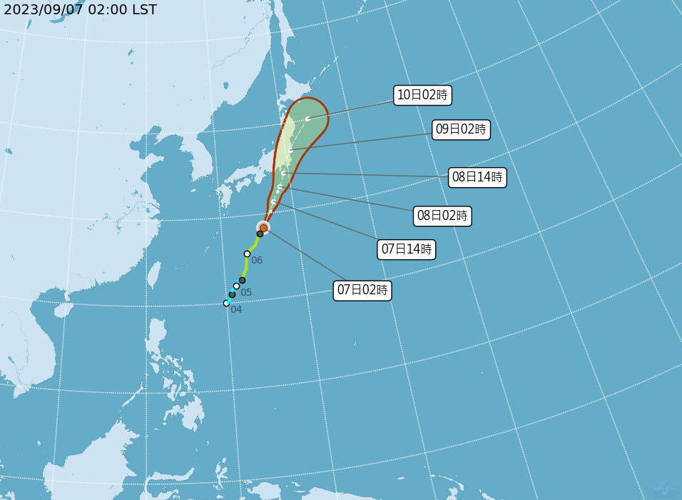 輕颱「鴛鴦」朝日本南方海面前進，對台灣天氣沒有影響。（中央氣象局提供）