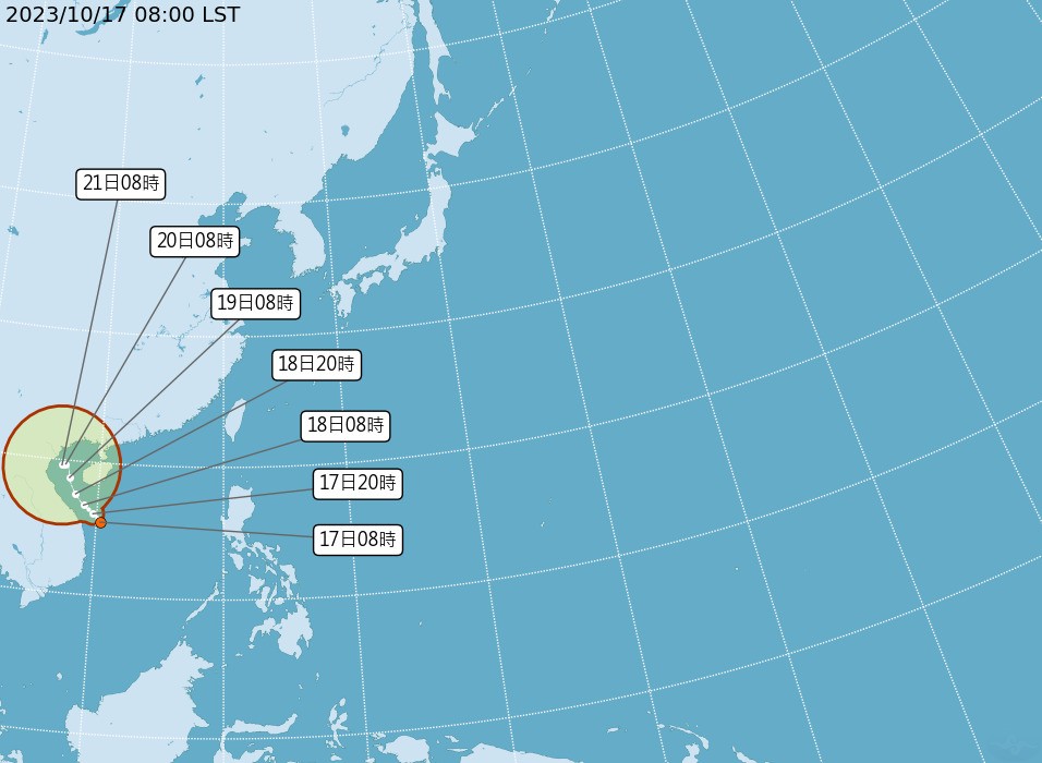 熱帶性低氣壓TD18今日生成，明天有機會成為今年第16號颱風「三巴」。（氣象署提供）