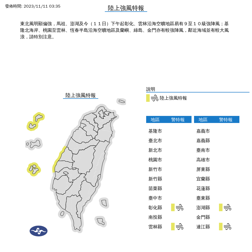 東北風明顯偏強下，氣象署還發布陸上強風特報。（中央氣象署提供）