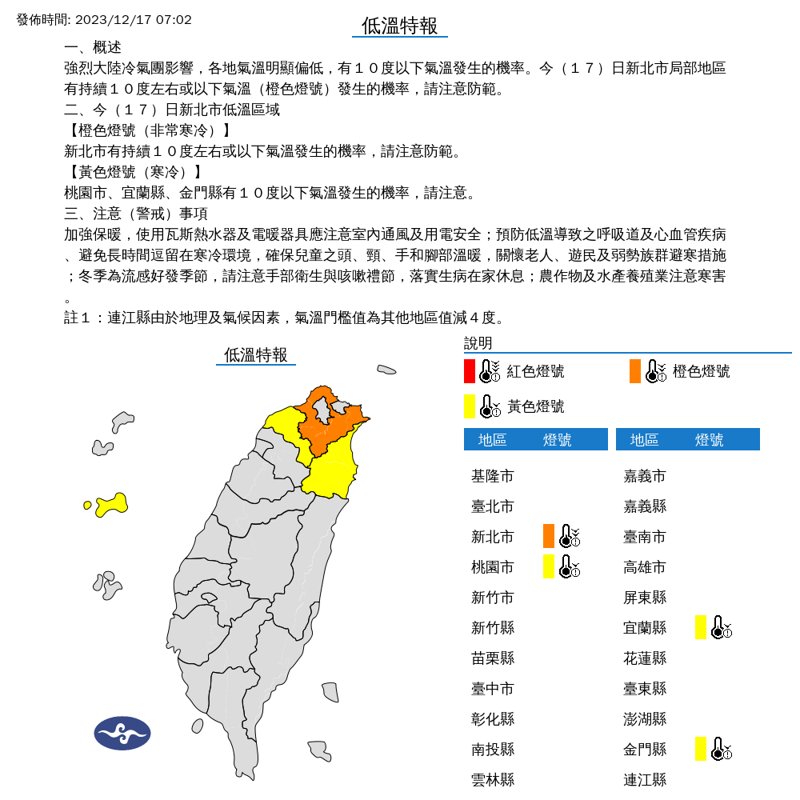 氣象署針對4縣市發布低溫特報。（氣象署提供）