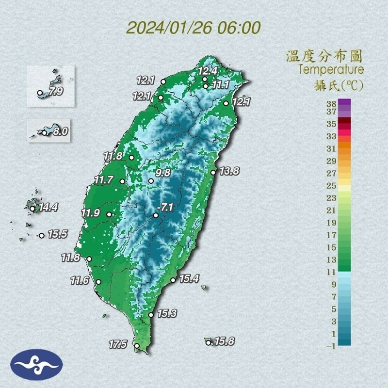 今日各地溫度分布圖。（中央氣象署提供）