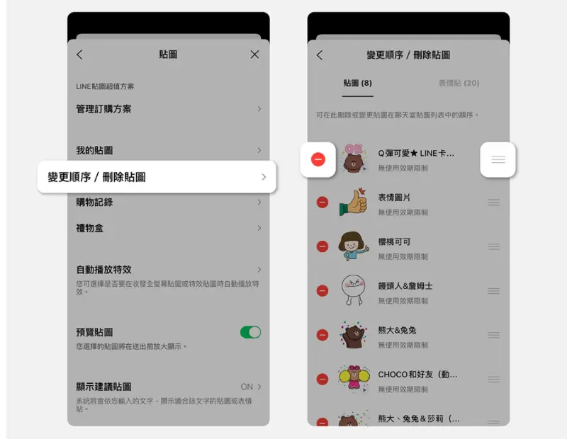 ▲LINE貼圖也可以順便把不常用的貼圖刪除，同時間常用的貼圖組往前移，方便傳送時快速選擇。（圖／翻攝官網）
