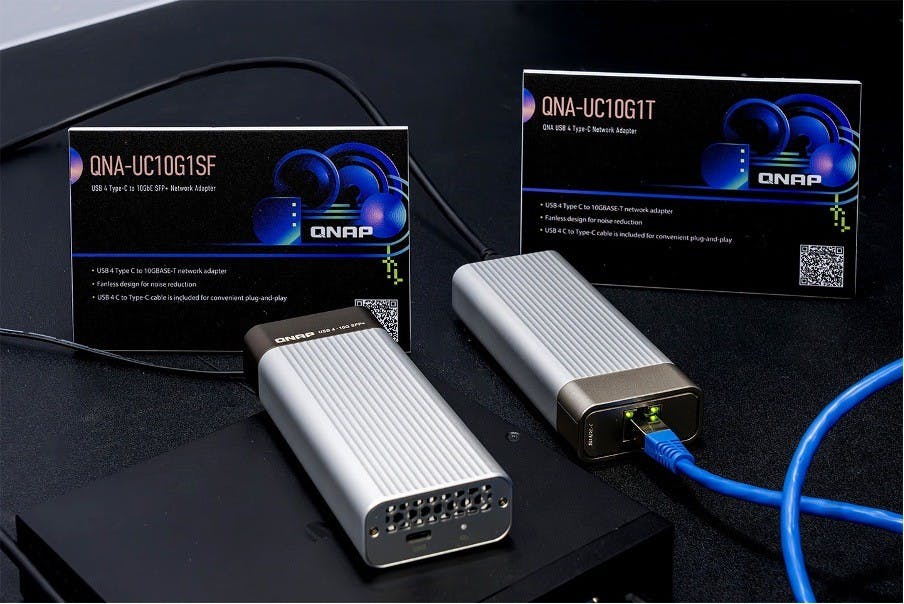 QNAP 也全新推出 USB 4 介面的 10 GbE 轉接器，可即插即用為筆電、桌機快速升級高速網路傳輸能力。