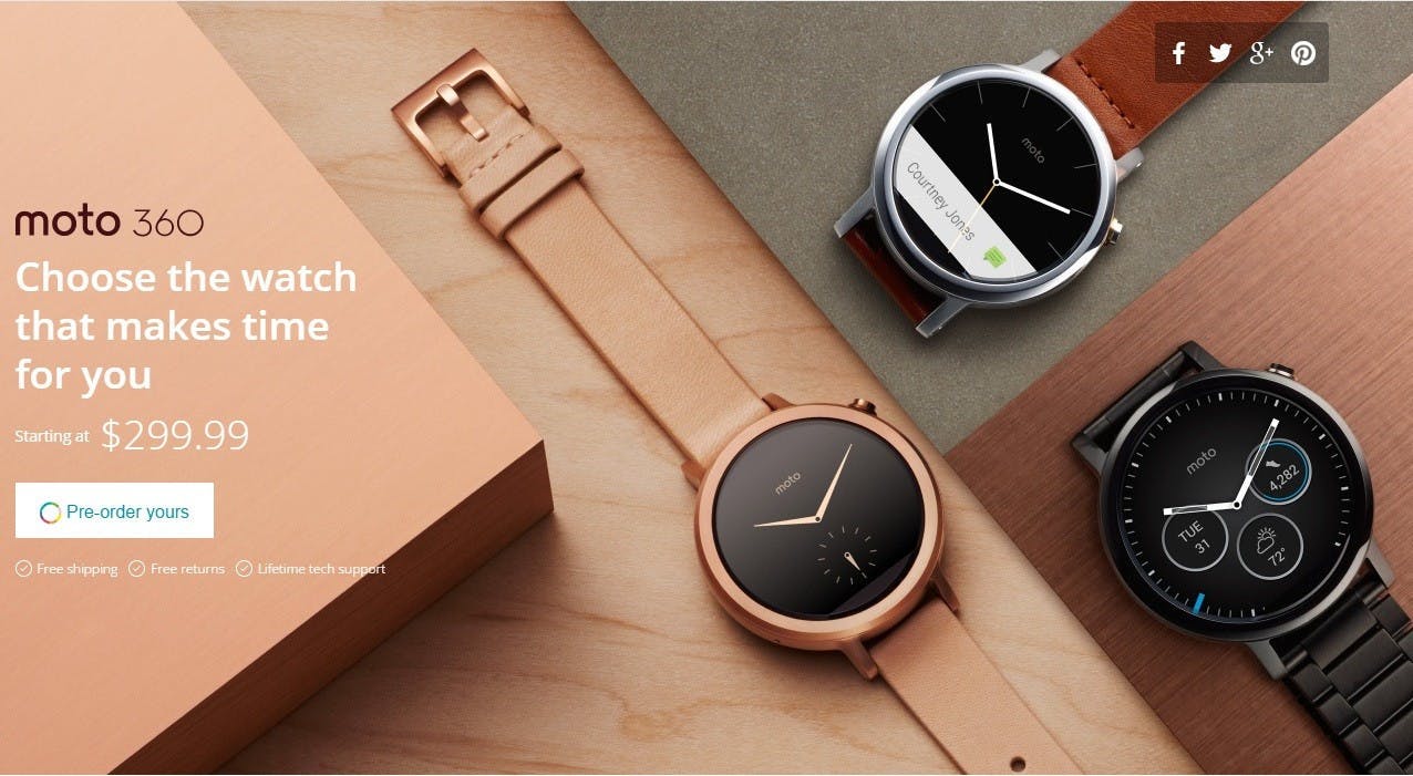 是Motorola 360 第二代登場,維持圓形錶面並提供 42mm 、 46mm 雙尺吋這篇文章的首圖