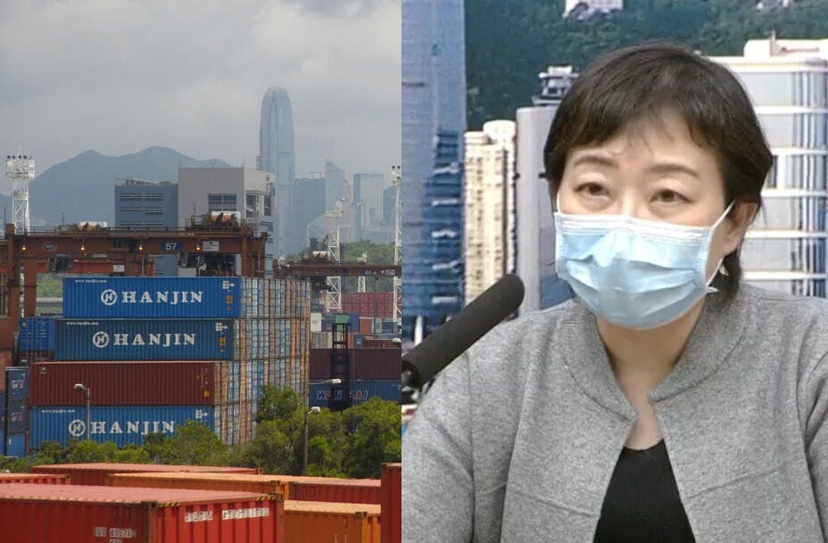 張竹君表示，確診的貨櫃碼頭員工從事戶外工作，會共用休息室，增加傳染風險。（亞新社、NowTV新聞截圖）