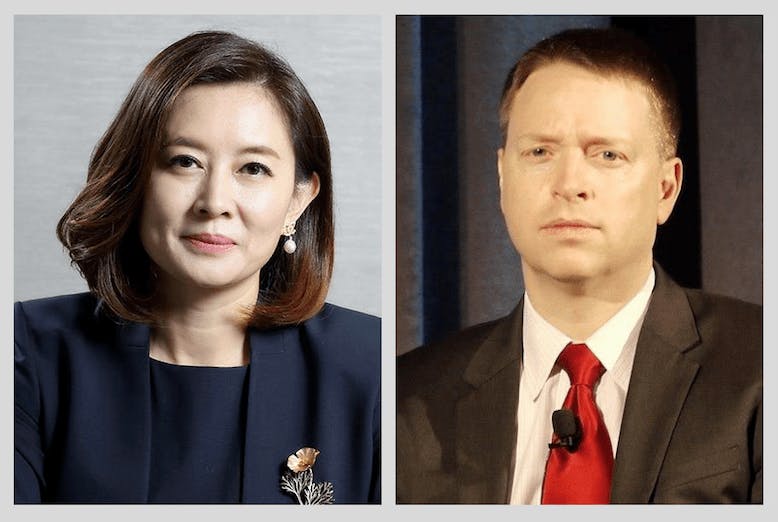 馬丁‧博明（右）應林夏如（左）和何漢理之邀發表演講，說五四啟蒙精神。（檔案圖片拼圖）