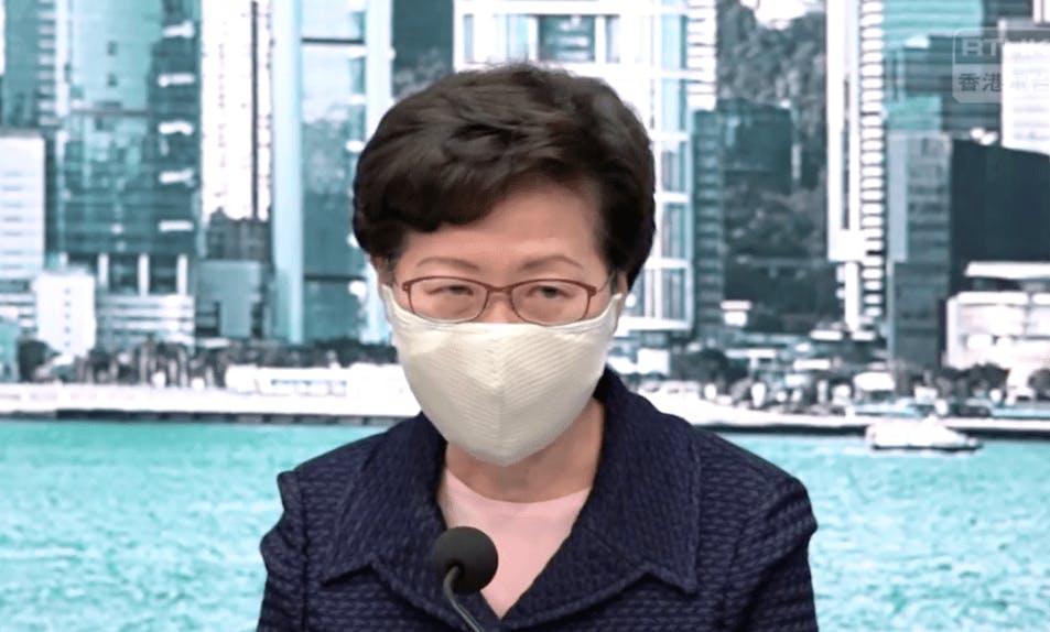 行政長官林鄭月娥認為，押後立法會選舉是抗疫7個月最艱難決定。（香港電台影片截圖）