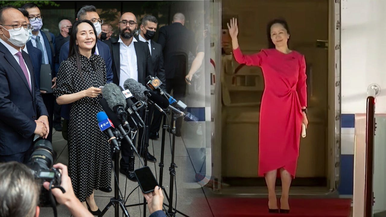 孟晚舟在加拿大穿黑灰衫裙見記者（左），在深圳下飛機時卻是「一身中國紅」，被視為英雄歡迎。（灼見名家製圖）