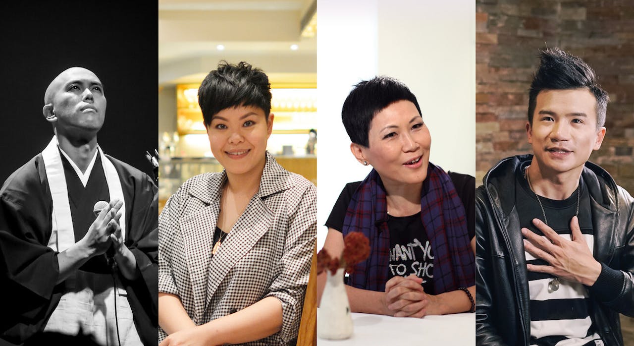 「Soul Time回歸心靈」音樂會集合跨地域的表演者，包括（左起）日本超人氣僧侶藥師寺寬邦、歌星林二汶、陳潔靈、梁釗峰。