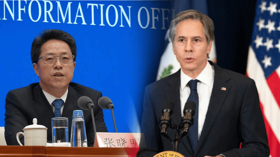 港澳辦副主任張曉明（左）認為，修改香港選舉制度有利完善一國兩制；美國務卿布林肯（右）則指，北京通過限制政治參與，減少民意代表和扼殺政治討論，剝奪香港人的聲音。（灼見名家製圖）
