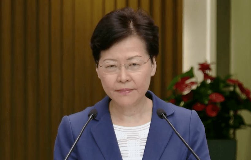林鄭認為，警隊在過去兩個月努力維護香港秩序，執法是警隊的使命，目標是維持香港法治，令香港成為安全城市。（香港電台新聞截圖）