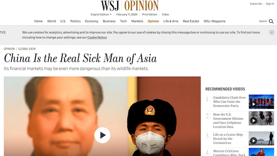 《華爾街日報》2月3日公然以「中國是亞洲真正的病夫」（China is the Real Sick Man of Asia）為題發表米德（Walter Russell Mead）所撰文章。（《華爾街日報》網站截圖）
