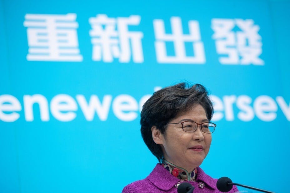 林鄭月娥認為，中央出手完善選舉制度，將提高特區治理效能。（亞新社）