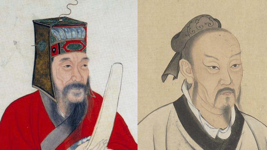 王陽明（左）的心學，歸宗孟子，如四端之心，見孺子將墮於井，皆有怵惕惻隱之心，是道德主體的既有肯定。（Wikimedia Commons）