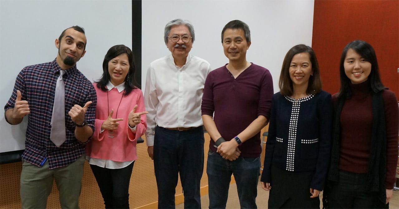 （左起）棟篤笑藝人Vivek Mahbubani、徐詠璇、曾俊華、陳志邦、陳梁淑貞、鍾嘉穎。