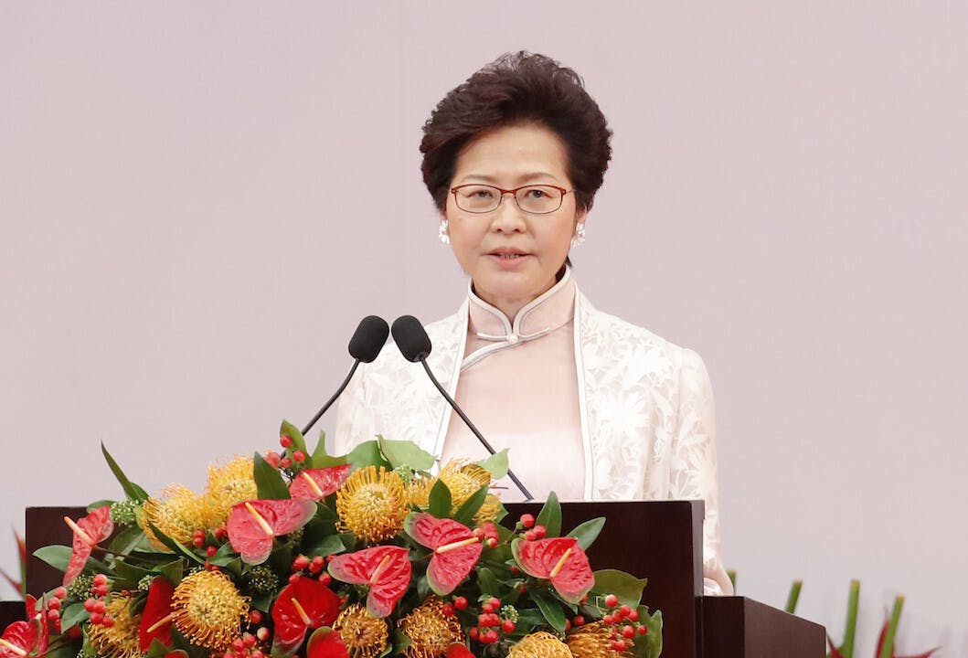 香港行政長官林鄭月娥的就職致辭，應用了三種不同的訴求技巧。（亞新社）