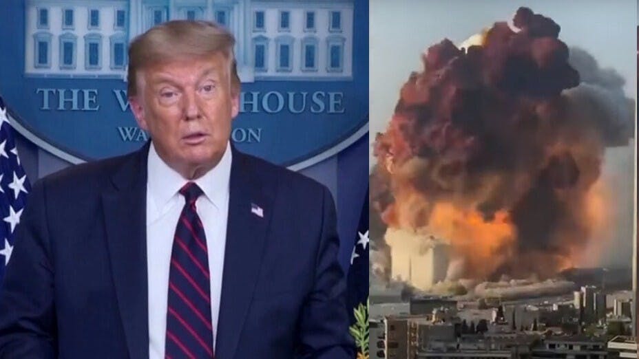黎巴嫩貝魯特發生大爆炸，美國總統特朗普在未確定爆炸原因前就說是「可怕襲擊」，連國防部官員都不敢苟同。（網絡視頻截圖合成圖片）