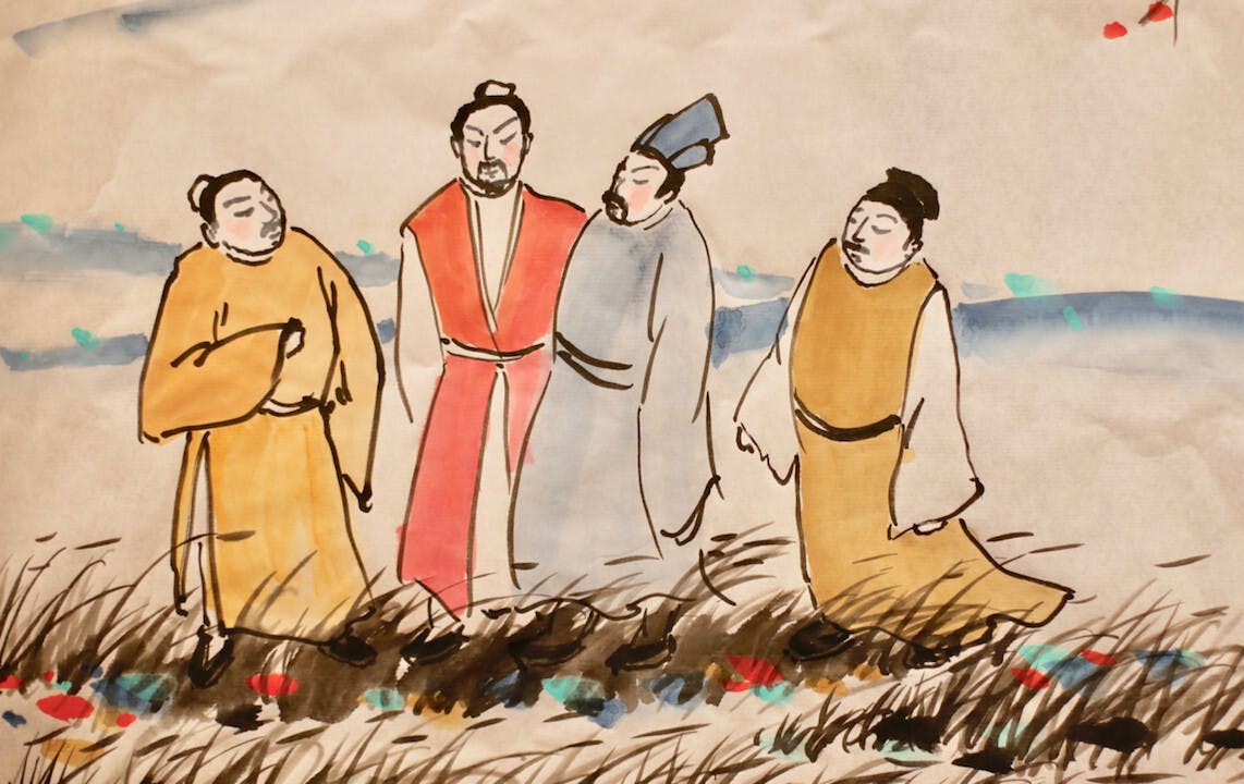 蘇軾與幾位好友，相約同遊。此刻，涼風送爽，眾人踏着滿地黃葉，漫步徐行，心曠神怡。