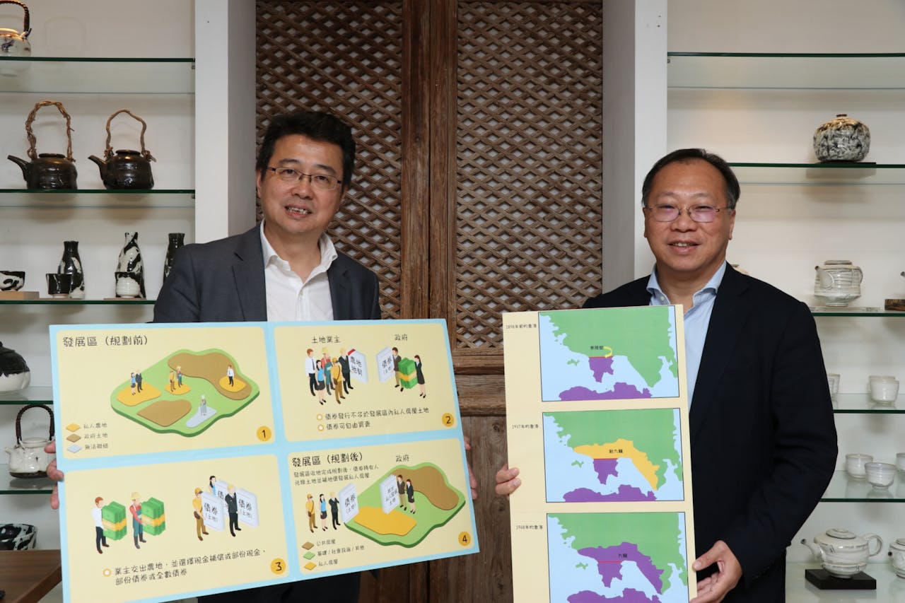 持續智庫主席劉智鵬（左）表示，港英政府舊時「新九龍」概念，將部分新界平地當作市區發展，同樣概念可用於今日的新界。右為資深規劃師林筱魯。
