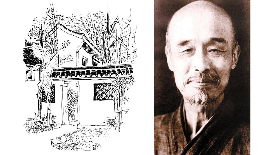 杭州虎跑寺李叔同出家之地速寫，畫於2000年夏。（左：中華書局，右：Wikimedia Commons）