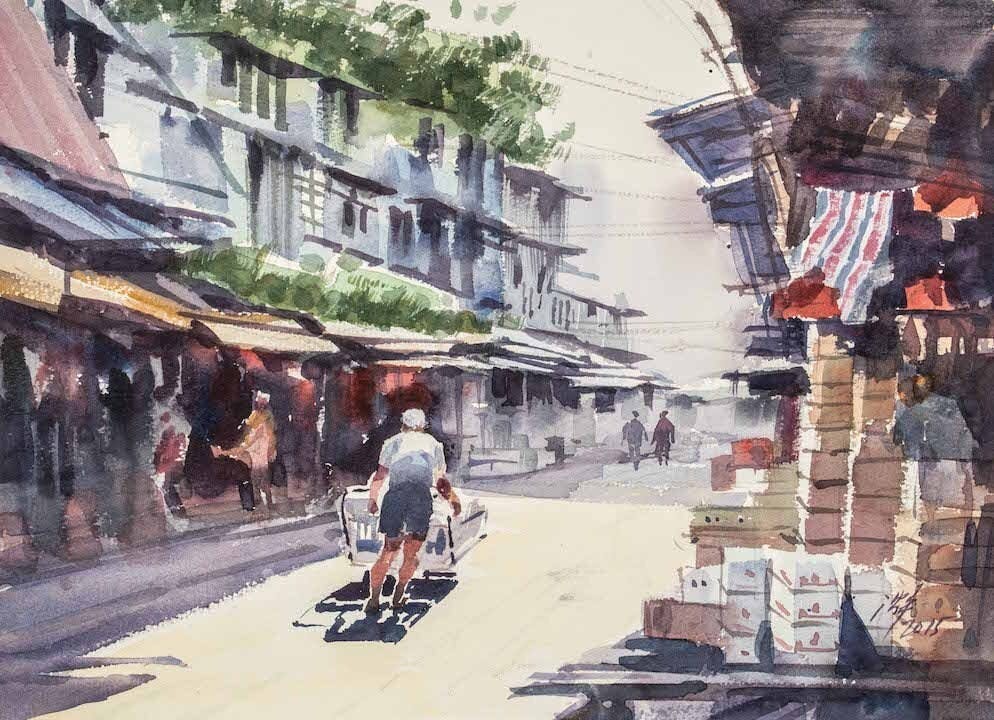 沈平2013年畫作：香港大角咀果欄（水彩紙本）