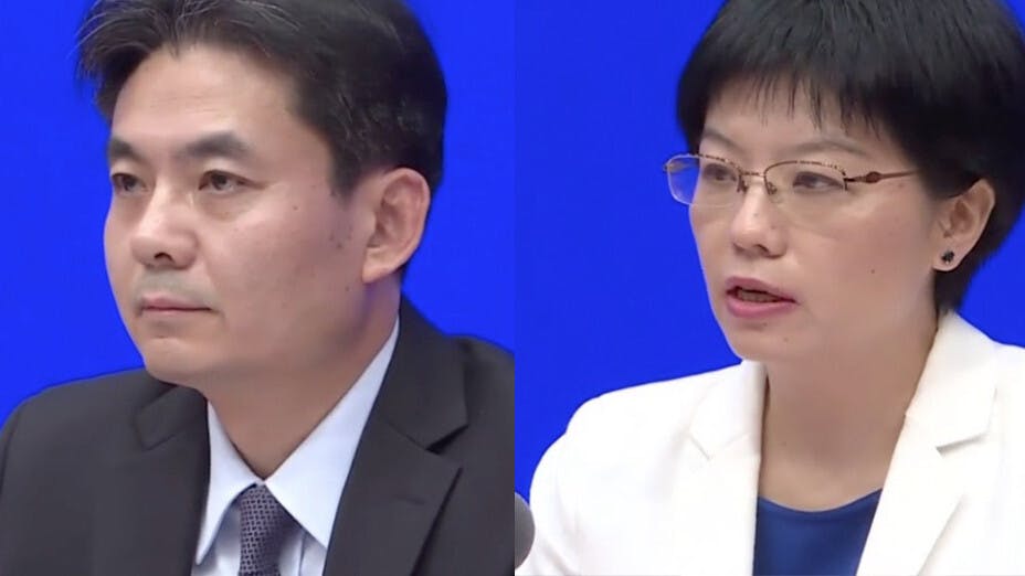國務院港澳事務辦公室新聞發言人楊光、徐露穎，就香港當前修訂《逃犯條例》風波首度公開回應事件。（Facebook視頻截圖）