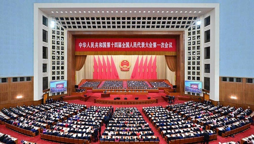 十四屆全國人大一次會議周日早上在北京人民大會堂開幕。（中國共產黨新聞網）
