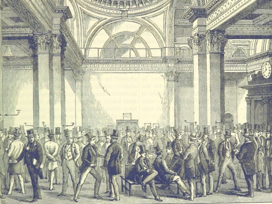 1887 年出版的 Old and New London, etc 描繪了當時的倫敦交易現場。（British Library／Flickr）