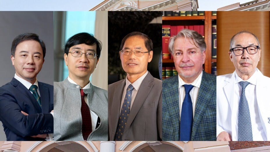 5位在各自研究領域晉身亞洲第一的香港大學學者，左起：校長張翔教授、袁國勇教授、趙國春教授、Alec Stone Sweet教授及麥德華教授。（香港大學圖片）