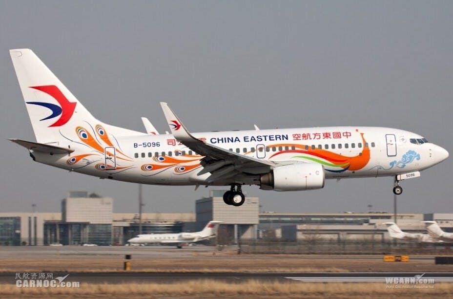 中國東方航空一架波音737-800客機在廣西梧州墜毀，機上132人恐已罹難。圖為與失事客機同型同塗裝的東航客機。（航空愛好者網站圖片）