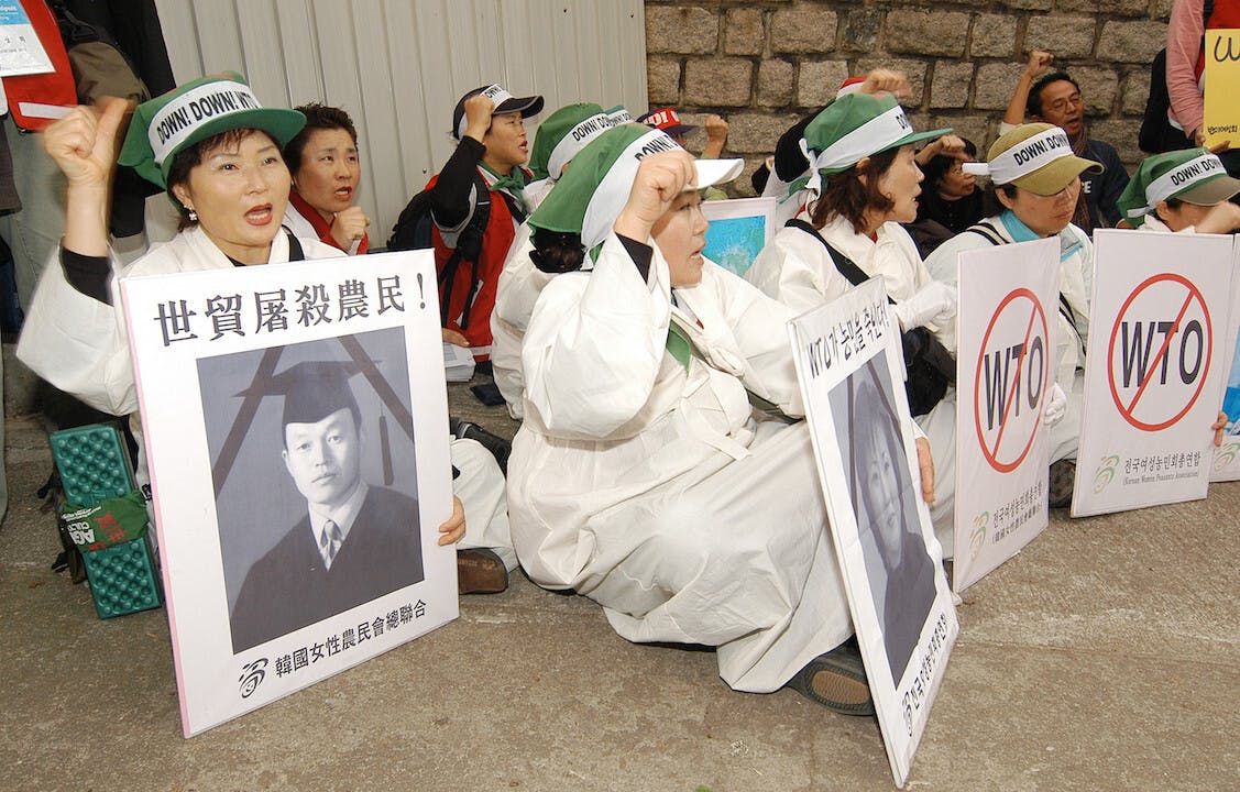 2005年，韓國4,000多個米農來港示威，抗議政府開放市場，令米價大跌，引致嚴重損失。（亞新社）