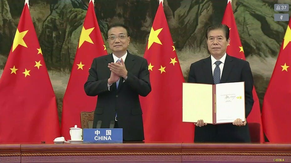 RCEP涵蓋範圍比起WTO更廣，因世貿主要是貿易，比較少有服務或金融，但RCEP涵蓋很多範疇。（亞新社）