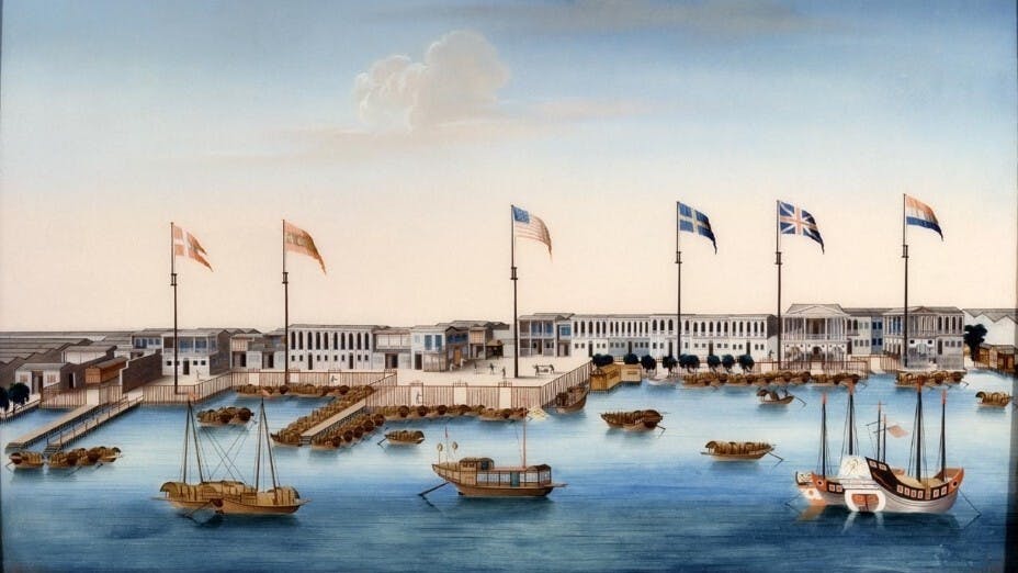 1780年油畫描繪廣州十三行外貿易特區的丹麥、西班牙、美國、 瑞典、英國、荷蘭夷館。（Wikimedia Commons）