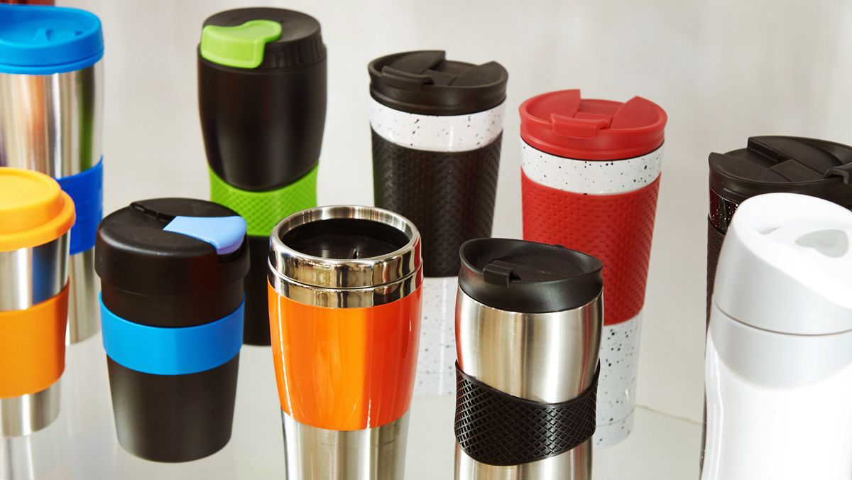 Thermo mugs in shop window