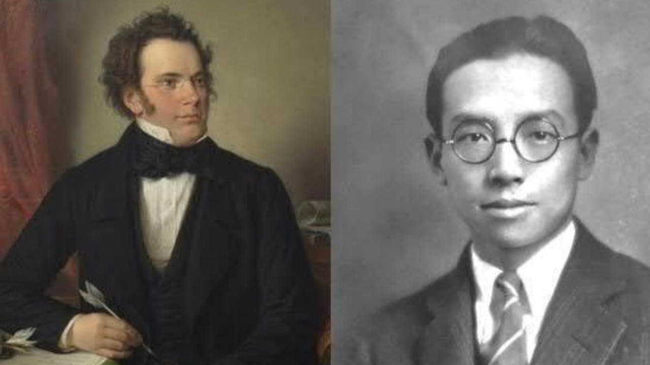 梁思成的本業為建築設計，而其音樂天分亦毫不平凡，是一位能夠融會各種藝術形式的通才藝術家。正如歌德所說：建築乃凝固之音樂，藝術是可以互通的。（左：十八世紀奧地利音樂家舒伯特，右：郭靖原型梁思成。）